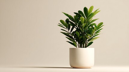 Fototapeta premium Contemporary pot with lush plant leaves light background creating visual ease