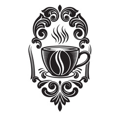 An elegant black and white coffee cup design featuring a coffee bean steam and ornamental decorative flourishes within a beautiful frame.