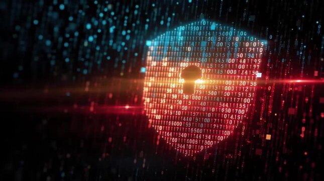 Cybersecurity Concept Featuring Shield with Digital Lock and Hacker Silhouette over Binary Code Background with Abstract Tech Elements in Clean Modern Flat Vector Design with Bright Colors

