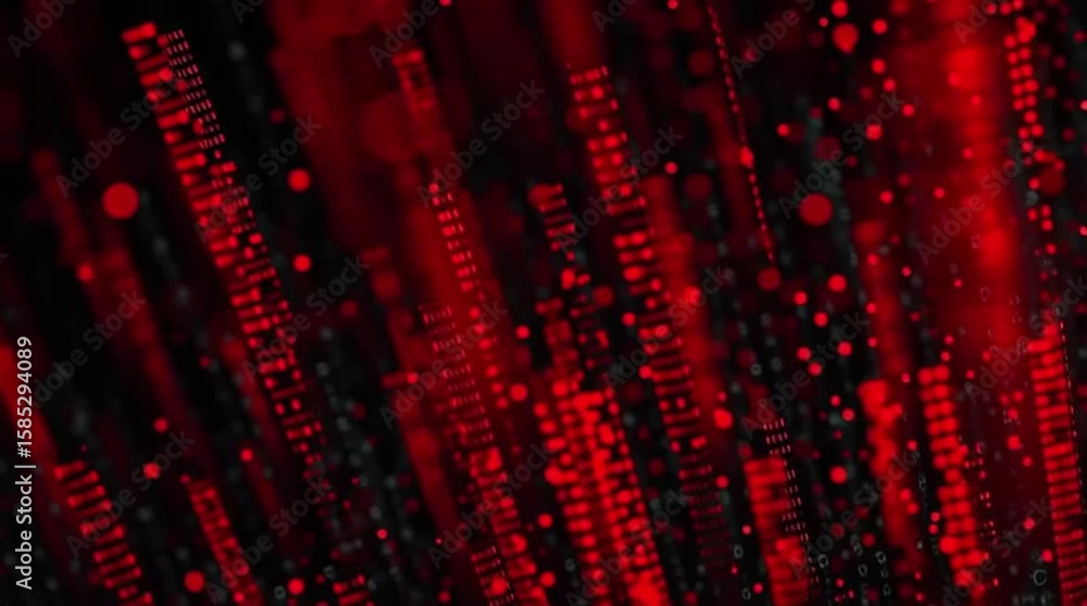 Poster a dark background and red accents with digital moshed data ()