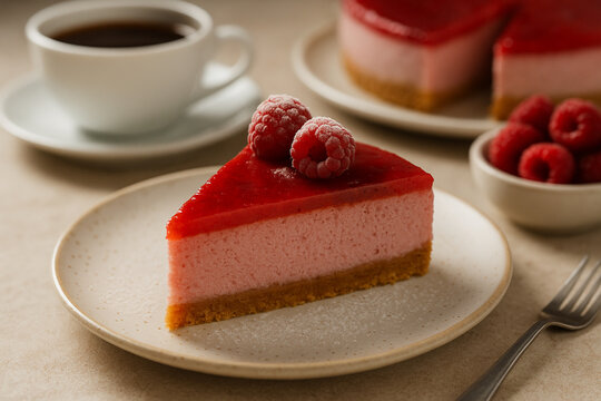 Delicious slice of raspberry cheesecake on a plate with coffee in the background