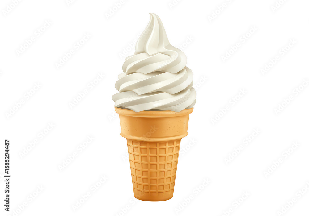 Poster a refreshing swirl of vanilla soft serve ice cream in a golden waffle cone, isolated on a transparen