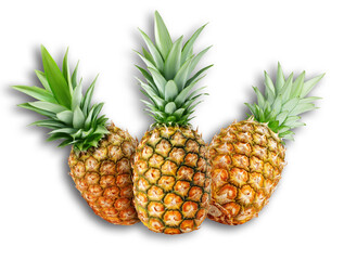 three pineapples isolated on transparent background.