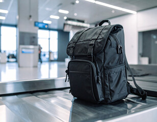 Close up view of a traveler’s black backpack on an x-ray scanner conveyor belt at an airport security check in a busy terminal