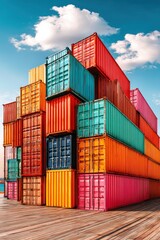 Fototapeta premium Stacked colorful shipping containers in a port on a sunny day