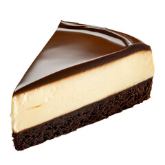 Chocolate cheese cake slice isolated on white background. Fresh chocolate cheese cake closeup.