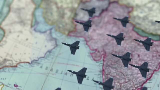 A fleet of military drones flying over the Middle East map, symbolizing surveillance, border conflict, and geopolitical tension. Useful for news, defense analysis, and military strategy visuals.

