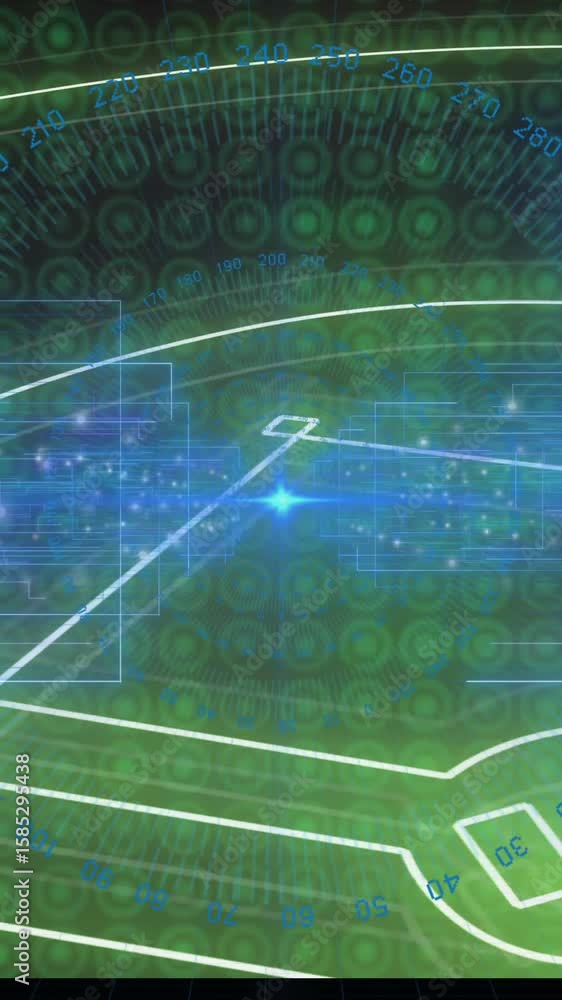 Poster animation of digital baseball field with glowing blue elements and data visualization