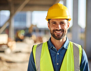 Construction worker in yellow safety helmet and reflective vest at modern building site during daylight work hours