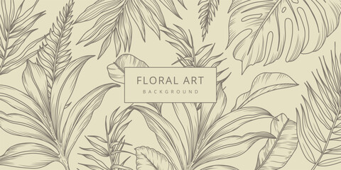 Botanical Tropical Sketch Background with palm tree and monstera leaves pattern in line art style. Hand drawn vector illustration for card, banner, print, poster, cover, wedding invitation, packaging