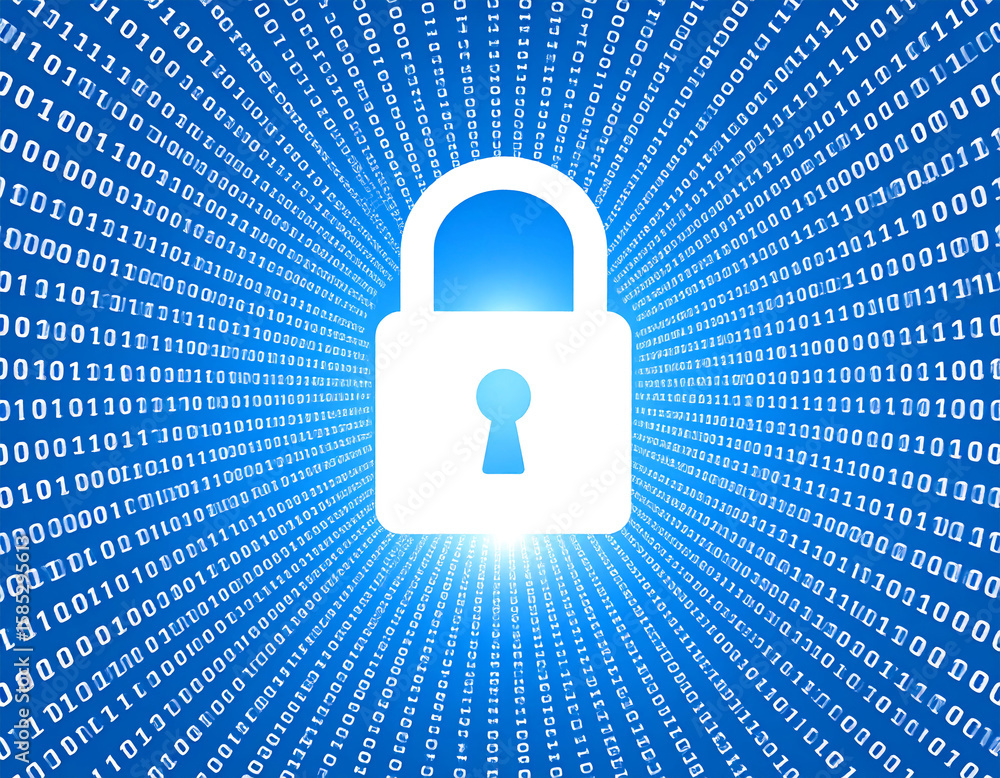 Fototapete digital padlock emerges from flowing binary code in a vibrant blue abstract background showcasing cy