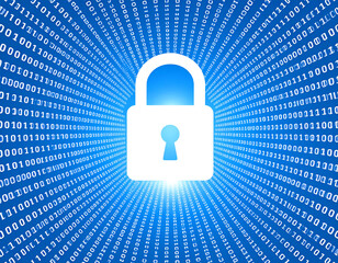 Digital padlock emerges from flowing binary code in a vibrant blue abstract background showcasing cybersecurity concepts and data protection mechanisms