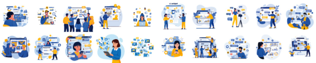 Collection of diverse business scenes, showcasing teamwork and collaboration in various settings.