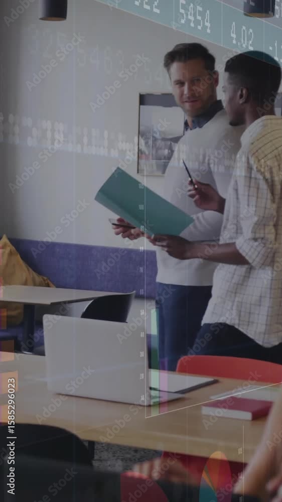 Poster discussing data analysis, business colleagues in office with stock market graph animation