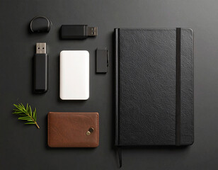 Collection of tech essentials including USB stick, encrypted external drive, and notebook arranged on a dark desk for productivity tasks