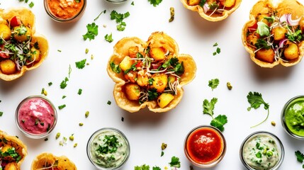 Culinary Composition: A captivating top-down view of gourmet appetizers and colorful sauces. Meticulously crafted and artfully arranged.