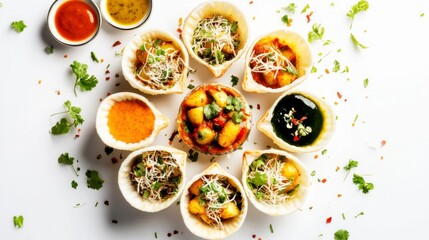 Culinary Arrangement: A beautifully arranged assortment of small, gourmet dishes. Each bowl bursts with vibrant ingredients and enticing flavors. An ode to the art of fine dining.