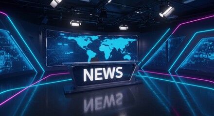 Fototapeta premium Modern broadcast studio with large world map display and neon accents featuring a sleek news desk