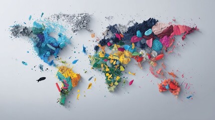 Creative infographic design on a global map showcasing the microplastic footprint incorporating vibrant colors and engaging visuals that depict the sources and effects of microplastics