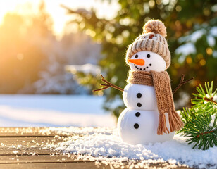 Cheerful snowman figurine with carrot nose and scarf stands on a snowy garden table during winter sunset
