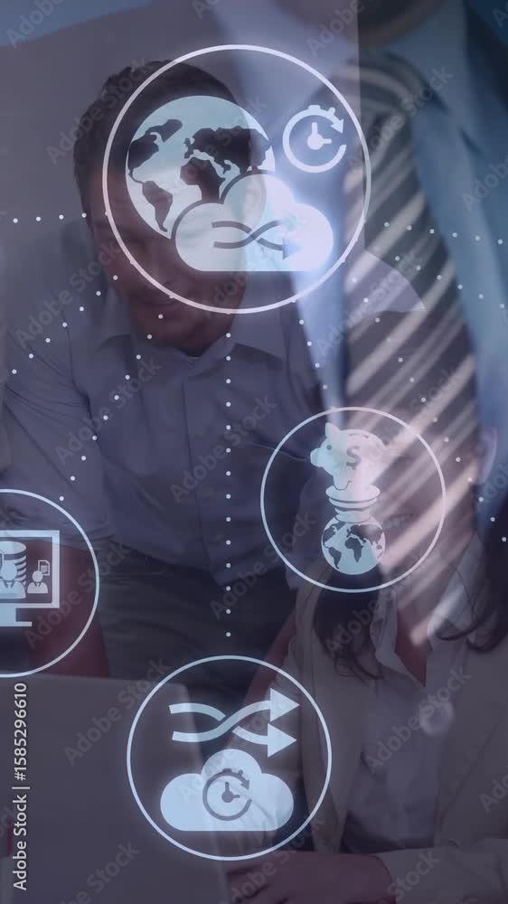 Poster collaborating in office, business team using animation with digital network icons