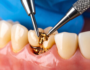 Detailed close up of a tooth colored composite filling being expertly placed in a patient's tooth by a skilled dentist inside a dental clinic