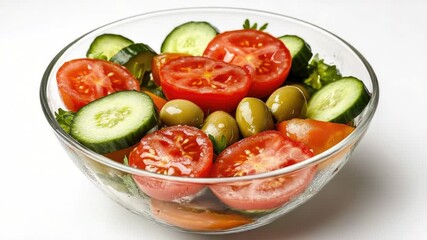 Tomatoes, cucumbers, and olives in a glass bowl