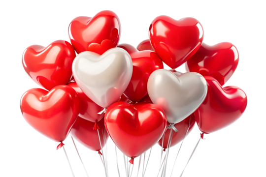 A festive bunch of red and white heartshaped balloons floating together, isolated on a clean transparent background