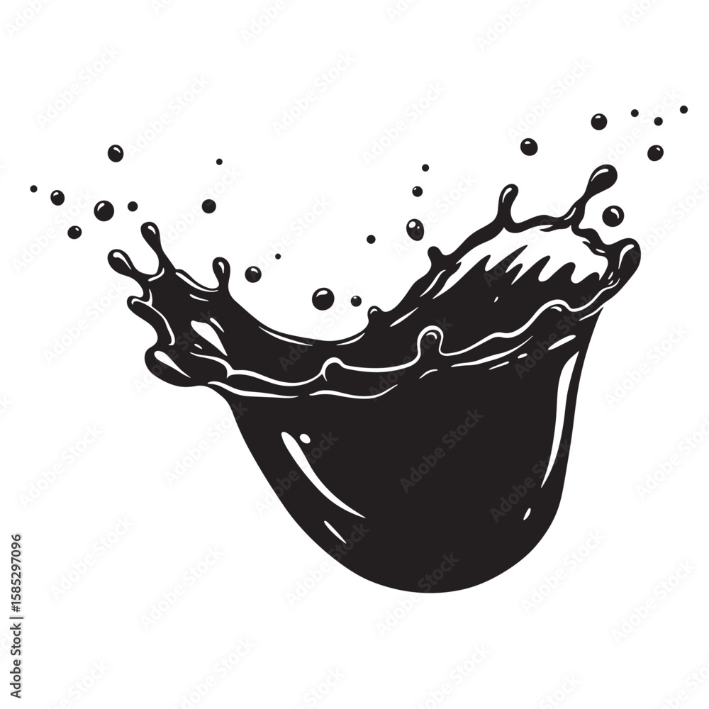 Poster dynamic black liquid splash illustration on a white background showing movement and fluidity in a ve