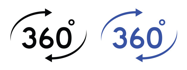 360 degree rotation icon with arrows for spin, VR view, UI, or interactive display