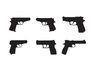 Guns Icons. Weapon Vectors. Simple Silhouettes of Various Handguns. A small firearm, either a police or military handgun, combined with the silhouette.