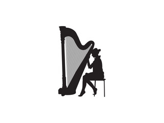 Silhouette of a Woman Playing a Harp. Harp icon isolated on a white background.