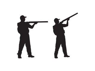 Hunters Silhouette Shooting. A man is shooting a gun. Black silhouette of a hunter on a white background.