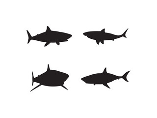 Black shark silhouette collection. Black vector Silhouette of a Great White Shark. Simple Shark Silhouettes Against a White Background.