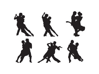 Beautiful set of dancing couples in black silhouette style illustration. Silhouettes of Couples Performing Passionate Tango Dancers. Silhouette of dancing people.