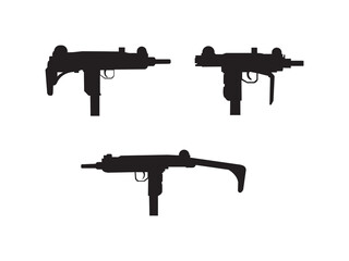 Mini Uzi. Black vector illustration. Submachine gun Uzi silhouette. Silhouettes of Submachine Guns.
