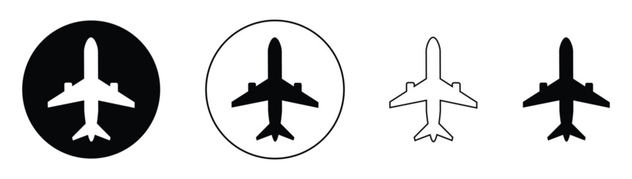 Airplane icon set with filled and outline styles for travel, aviation, and UI design