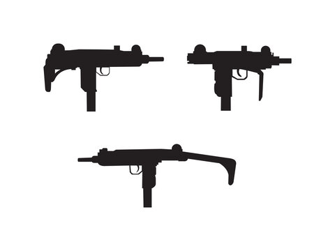 Mini Uzi. Black vector illustration. Submachine gun Uzi silhouette. Silhouettes of Submachine Guns.