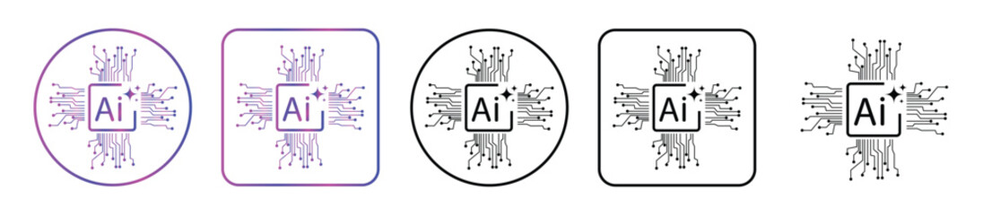 AI Microchip Circuit Icons – Artificial Intelligence Processor Symbol in Line and Gradient