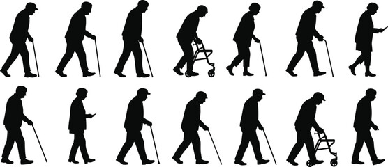 Silhouettes of elderly individuals walking with canes, walkers, smartphones, showing mobility aid, independence, technology, aging lifestyle, health, support