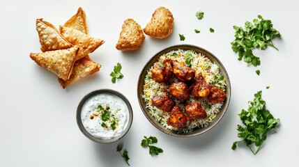 Culinary Symphony: A feast for the eyes, this image showcases a delightful array of Indian culinary delights. Crispy golden samosas stand alongside fluffy dumplings.