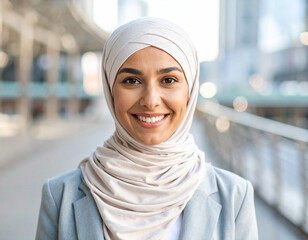 Confident young woman wearing hijab smiles in soft natural light in an urban setting with a blurred city background