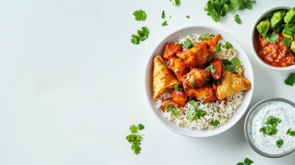Savoring the Flavors: A culinary masterpiece unfolds, showcasing an appetizing array of freshly prepared Indian dishes. The close-up shot accentuates the textures, colors.