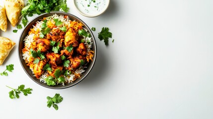 Sizzling Biryani Plate: An overhead perspective presents a culinary delight. A plate piled high with vibrant biryani, a mix of fragrant rice, tender chicken, and aromatic spices.