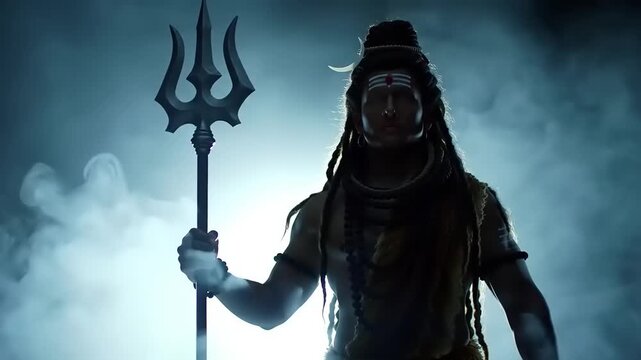 Lord Shiva with trident, and mystical pose.