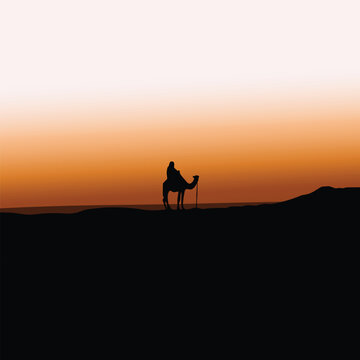 Minimal desert landscape silhouette with a camel rider, organized, editable, and layered 