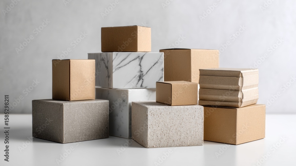 Poster abstract stack of stone and cardboard boxes on white surface for minimal product visuals design bran