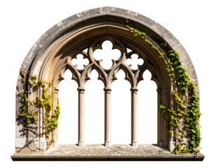 Weathered Gothic Arch Window Frame, Angled Perspective, Ivy Vines, Isolated