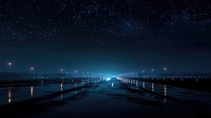 Wet airport runway at night under a starry sky