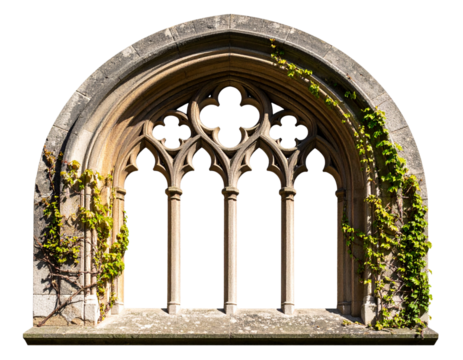 Weathered Gothic Arch Window Frame, Angled Perspective, Ivy Vines, Isolated